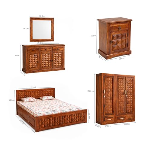 Image of SONA ART & CRAFTS Diamond Solid Sheesham Wood Bedroom Set | King Size Bed with Box Storage, Wardrobe, Cabinet with Mirror & Two Bedside Tables - Natural Finish (Assembly Included)