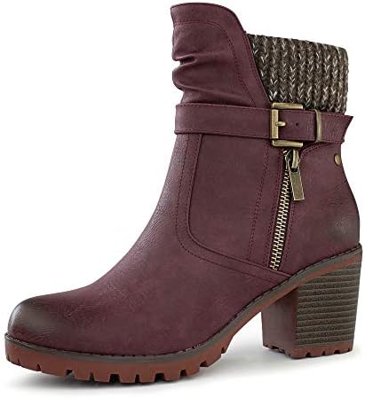 Hawkwell Women's Zipper Chunky Heel Ankle Booties,Burgundy PU,7 M US