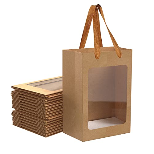 12Pcs Brown Paper Gift Bags with Transparent Window 9.84x7.0x5.12