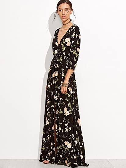 Milumia Women's Button Up Split Floral Print Flowy Party Maxi Dress Black XX-Large