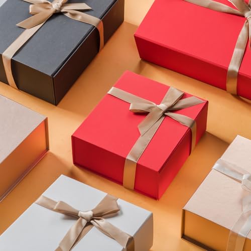 Image of LIFELUM Red Gift Box 8 x 7 x 3 inch, Small Gift Box with lid Magnetic Closure for Presents with Lids Ribbon