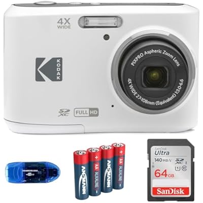 KODAK Pixpro FZ45 Digital Camera Bundle, Includes: SanDisk 64GB SDXC Memory Card, Spare Batteries and Card Reader (4 Items) (White)