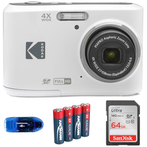 KODAK Pixpro FZ45 Digital Camera Bundle, Includes: SanDisk 64GB SDXC Memory Card, Spare Batteries and Card Reader (4 Items) (White) by KODAK - Used condition - US$106.29