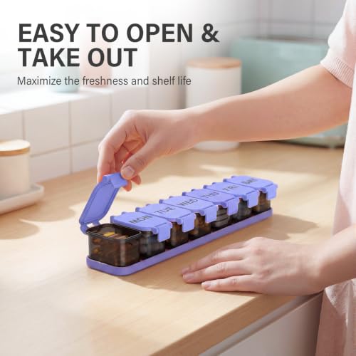 Image of Yaklim Extra Large Weekly Pill Organizer - Waterproof 7-Day Pill Box, Portable Vitamin & Supplement Case, Easy to Open Design, Ideal for Travel and Daily Medication Management (BlackPurple)