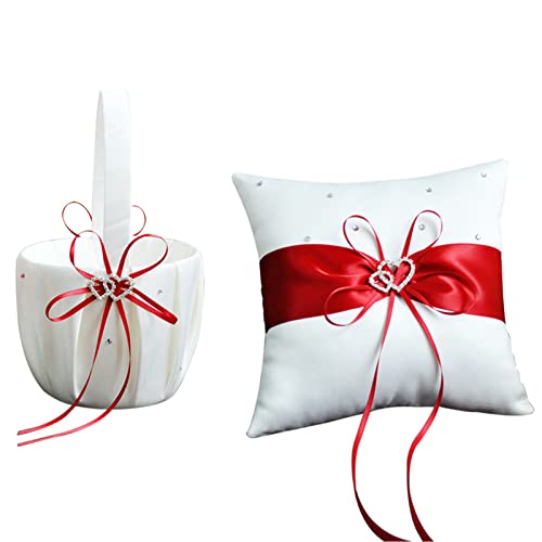 RNCOZE 2 Pack Wedding Ring Bearer Pillow and Flower Girl Basket Set, Simple Bow Pearl Collection, White Satin Wedding Set with Double Heart Rhinestone Decor (Red)