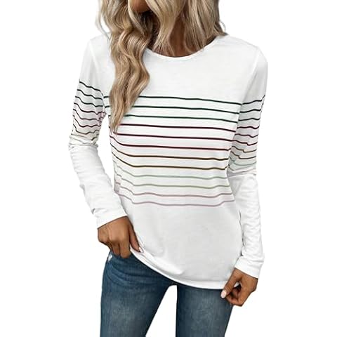 LilyCoco Women's Striped Long Sleeve Shirt Crewneck Loose Fit Basic T Shirt White Medium Cover