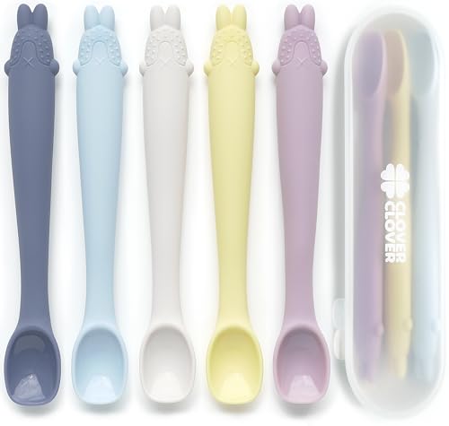 Image of Silicone Baby Feeding Spoons-First Stage, Bendable Utensils for Infant & Parent-Baby Led Weaning, Toddler Self-Feeding & Training-Soft-Tip, Chewproof Teether l 4 Months + [5 Pack with a Portable Case]