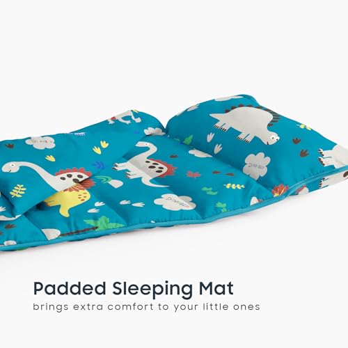 Image of Wake In Cloud - Toddler Nap Mat with Pillow and Blanket, 100% Cotton Fabric, for Kids Boys Ages 3 Plus in Daycare Kindergarten Preschool, Roll Up Sleeping Bag, Cute Dinosaurs