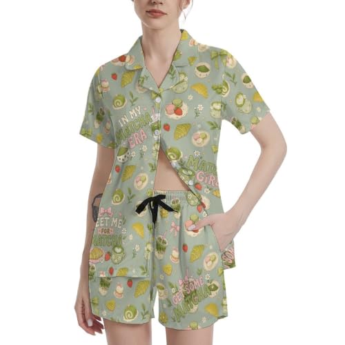 Image of Funny Pajamas for Women Set Print Satin Loungewear Pjs Short Sleeve Button Down Top and Shorts Sets Sleepwear XS-3XL