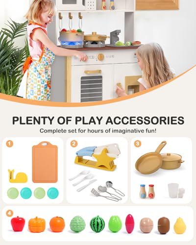Babytronic Kids Play Kitchen, Wooden Kitchen Playset for Kids Ages 3+ with Real Lights, Sounds, Stove, Sink, Oven, and 30 Pcs Accessories, Toys Kitchen Small Pretend Play Kitchen for Toddlers (White)