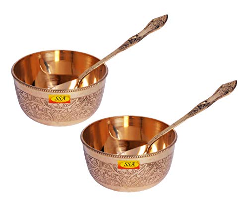 Shiv Shakti Arts® Heavy Gauge Pure Brass Bowl/Pooja Bowl/Katori Serving Bowl with Spoon Set – (Embossed Karvi Eatching 2020 Design, Vol – 150 ML Each) Set of 2 Pcs