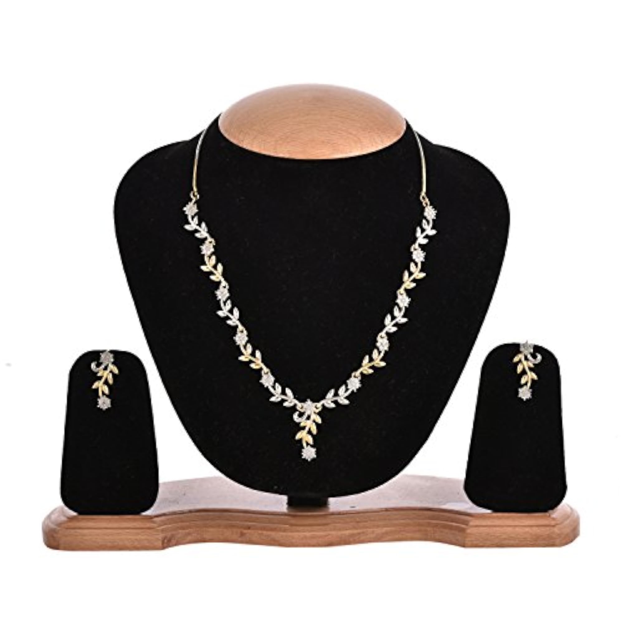 Sparkling CZ Diamond Leafy Design Necklace & Earrings Set