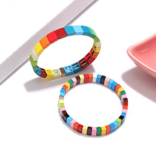 Colorful Enamel Tile Bracelet For Women Rainbow Color-Block Tile Beaded Strand Bracelet Colorful Enameled Stretch Bracelet Bohemian Tile Bangle Bracelet Set For Men (Rainbow Candy Style) #TOP3