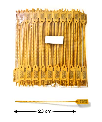 100 Security Seals - Pull UP Type. Printed with Serial numbering. Application Fields: Logistics, Lagguage, Transport, Doors etc. etc. Operational Lenght 20 cm.