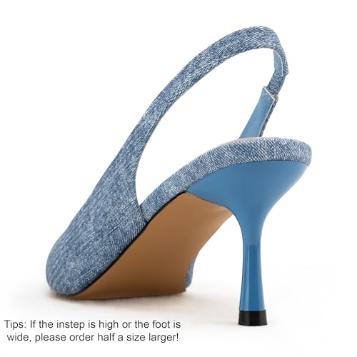 Denim Blue Heels for Women,Kitten Heels Slingback Pointed Toe Pumps Bride Wedding Shoes 113