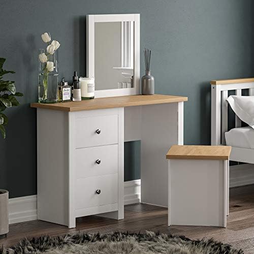 Vida Designs Arlington Dressing Table 3 Drawer Stool Mirror Vanity Set Bedroom Makeup White