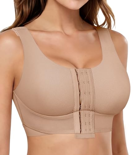 BRABIC Front Closure Post Surgery Compression Bra for Women Mastectomy Post Surgical Wireless Bras with Breast Support Band (Light Brown,Large)