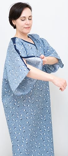 AMU Solutions 3 PK Pack Unisex Washable Hospital Gowns with IV Access & Telemetry Pocket Soft Fabric, Snaps On Shoulders Blue TriPoint Print – Fits up to 3XL