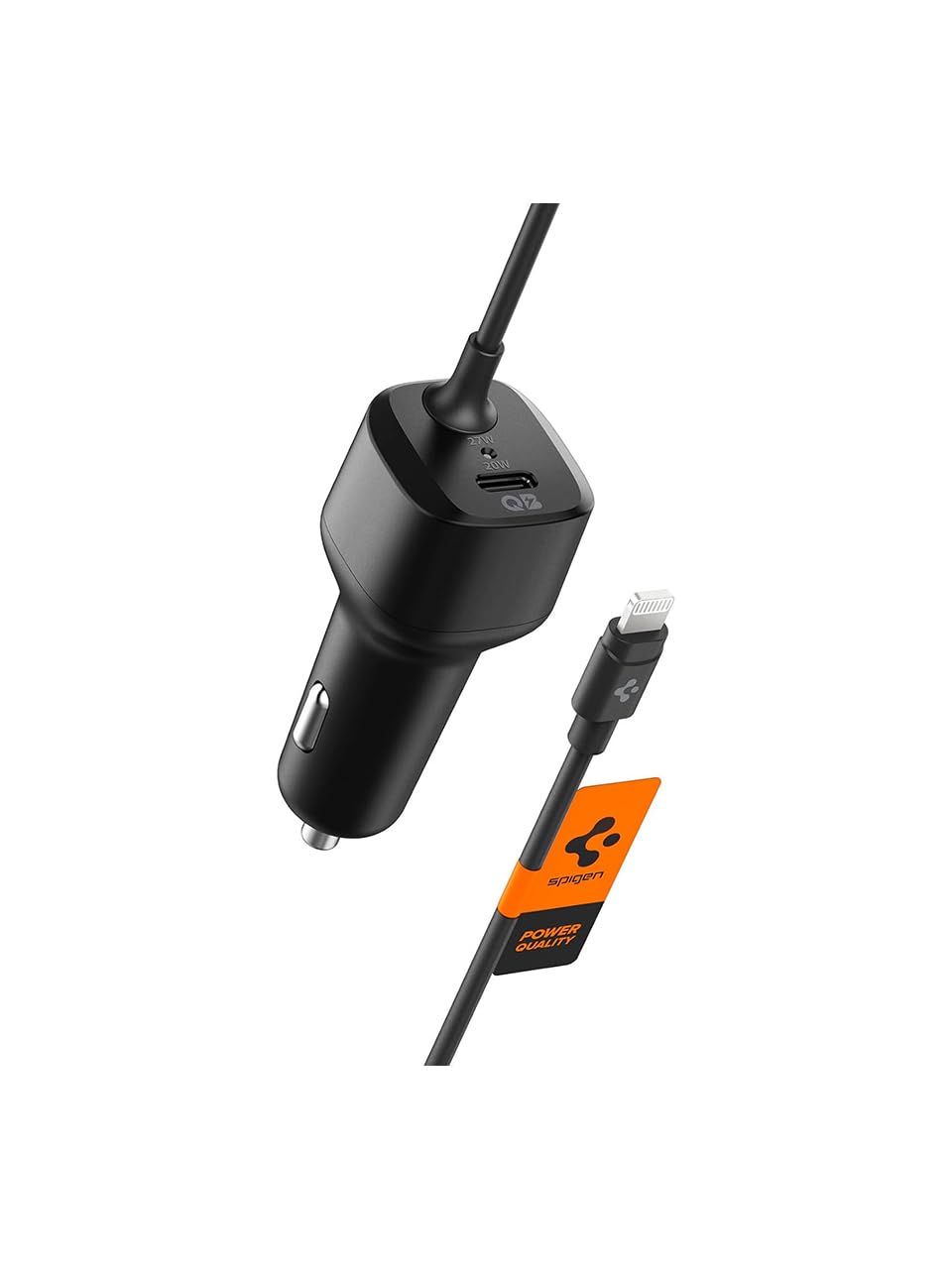 Spigen 47W USB-C 2 Port Araç içi Hızlı Şarj Aleti + Lightning Şarj Kablosu Güç Adaptörü Çakmaklık iPhone & iPad Type-C - ACP04205
