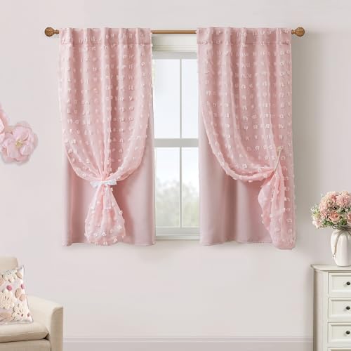 Bathroom Window Curtain,Pink Vintage French Country Victorian Elegant Sheer Overlay Decorative Curtains for Shower Window,54 Inch Length
