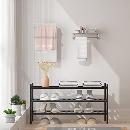 Rongjia 3-Tier Natural Bamboo Shoe Rack - Stackable Storage Shelf With Multi-Function Combinations - Free Standing Shoe Racks For Convenient Shoe Organization（Black） 11" D X 27" W X 20" H #TOP5