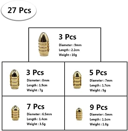 NA 27 Pcs Brass Fishing Weights Kit Fishing Tackle Accessories Bullet-Shape Fishing Weights Sinker for Fishing