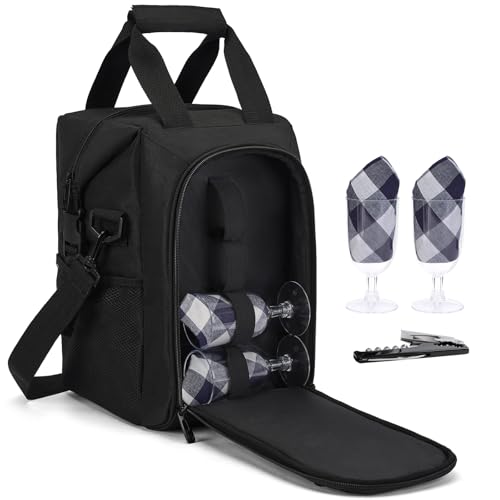 ALLCAMP 4 Bottle Wine Gift Bag - Insulated Tote Cooler, Adjustable Strap, Includes 4 Wine Glasses, Napkins & Corkscrew, Portable Travel Gifting (Black)