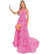 Halter V Neck Tulle Tiered Prom Dress Sparkly Lace Applique Sequin Ball Gowns for Women Formal wi...