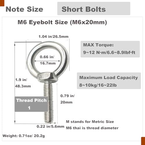 Image of 10 Packs M6 Stainless Eyebolt 0.79 inch(20mm) Short Bolt Eye Threaded Ring Lifting Shoulder Screw Hook with Nut Washer Locking as Anchor Point for Hanging