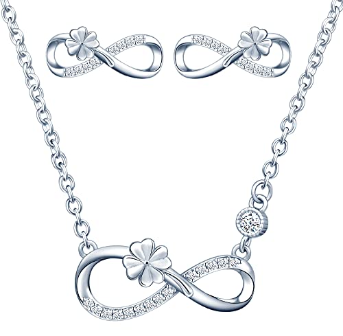 CPSLOVE Colares e brincos de símbolo infinito para mulher, conjunto de joias de símbolo infinito e trevo, colar pendente e brincos de prata 925, zircão brilhante, Zircônia cúbica Prata esterlina,