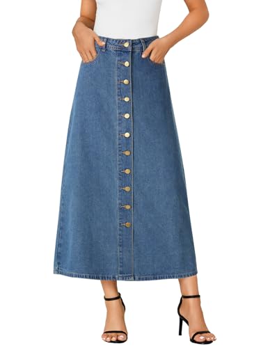 Vrtige Women's Casual Button Down High Waisted A Line Jean Midi Long Denim Skirt with Pockets2