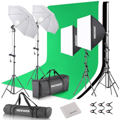 NEEWER Kit d'éclairage Continu pour Photographie avec Toiles de Fond, Supports de 2,6 x 3m, Ampoules LED 24W équivalentes à 800W (5700K), Parapluies, Softboxes, Chiffon de Nettoyage, Kit d'éclairage