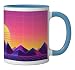 Retro Vaporwave Sunset Mountains Synthwave Grid Landscape Ceramic Mug, Blue/White