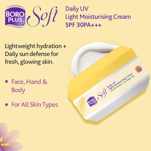 Image of BoroPlus Soft Daily UV Light Moisturising Cream SPF 30 PA+++ with Ginger Lily, 3-in-1 Protection, 200ml