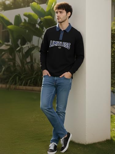 Image of Veirdo Men's Oversized Loopknit Cotton Polo Neck T-Shirt | Oversized Baggy Fit Full Sleeve Casual Streetwear Top with Ribbed Cuffs S-XXL