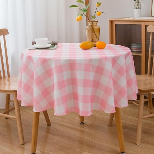 Pink Round Tablecloth 60 Inch Gingham Table Cloth - Polyester Pink and White Checkered Plaid Table Cover Reusable Water Resistant for Spring Valentine Summer Holiday Picnic Dinner Party Décor by VEDACHIC - Used condition - Image 2