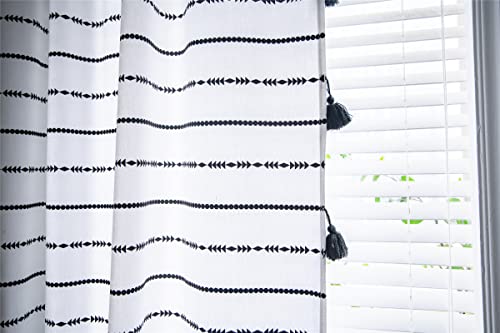 2 Panels Black White Striped Curtains For Bedroom, Cotton Linen Boho Tassel Window Treatment Farmhouse Thermal Insulated Blackout Curtains Home Decor (55''Wx95''L) #TOP4