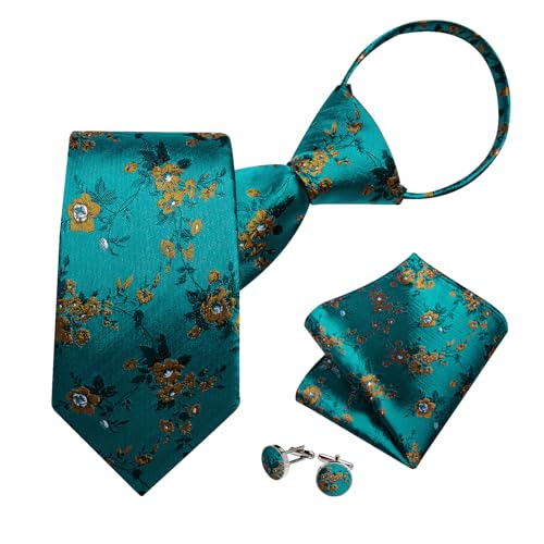 Image of DiBanGu Silk Zipper Ties for Men,Paisley Solid Plaid Pre-tied Tie and Pocket Square Cufflinks Set Formal Adjustable Necktie