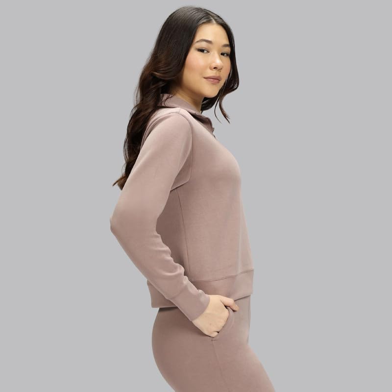 Image of BlissClub BareButter Pullover with Zip Marshmallow Comfort Relaxed fit Funnel Neck Cuffed Sleeve Luxurious Feel