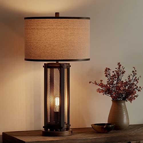 Franklin Iron Works Otto Rustic Farmhouse Table Lamp 28 1/2" Tall With Usb Port Led Nightlight Bronze Brass Mesh Beige Drum Shade For Bedroom Living Room House Home Bedside Nightstand Office Family #TOP5