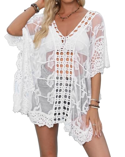Bsubseach Lace Swimsuit Coverup for Womens Mesh Beach Cover Up Batwing Sleeve Bathing Suit Cover Ups Dress Hollow Out Top