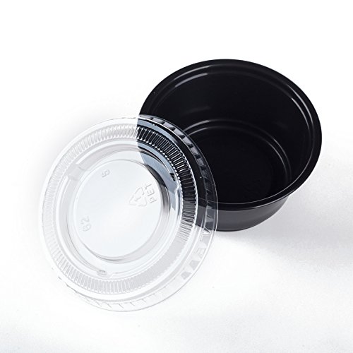 GOLDEN APPLE, 2-Ounce-50sets Plastic Portion Cups with Lids, Jello Shot Souffle Cups Sampling Cup, Black Cups with Clear Lids