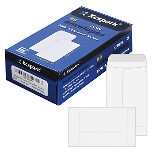 Xxcxpark 500 PCS #5 Coin Envelopes, 3.125 x 5.5 inches White Kraft Envelopes Classic Small Parts Envelopes with Self Adhesive Gummed Flap for Coins, Cash, Credit Cards, Seeds