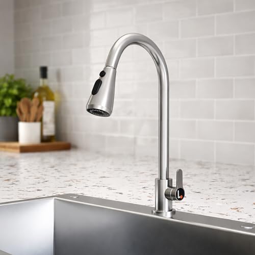 Image of Lorazzo Creo Pull-Down Kitchen Faucet SS304 | Kitchen Sink Tap Faucet - Hot and Cold with 360 Swivel, Dual Spray Modes | Deck Mount Kitchen Tap for Home Sink | 10-Year Lorazzo Limited Warranty