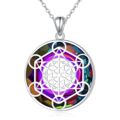 Alphm Metatron Cube Necklace 925 Sterling Sliver Sacred Geometry Seals of Archangel Angel Pendant with Austrian Crystal Sacred Geometry Jewelry for Women Men