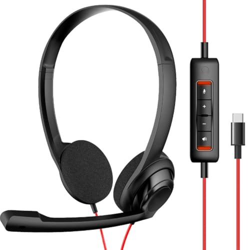 Headset with Microphone, Type C Wired Computer Headphones with Noise Cancelling Microphone, Lightweight On-Ear Wired Headset for MS Teams, Skype, Webinars, Call Center and More (Black)