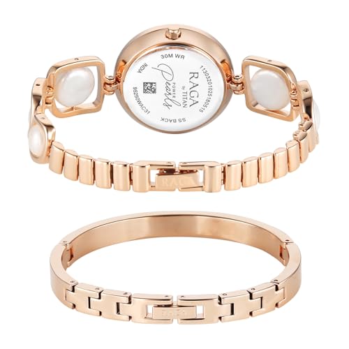 Image of Titan Raga Power Pearls 2.0 with Quartz Analog Mother of Pearl Dial Rose Gold Brass Strap Watch for Women - 95250WM02F