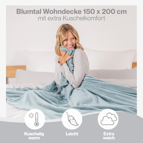 Blumtal Kuscheldecke flauschig - Oeko-TEX zertifizierte Fleecedecke 150x200 cm - Wohndecke 150x200 cm - Decke Couch als Wohn- & Kuscheldecke - Flauschdecke - Wohndecke Kuscheldecke Hellbau