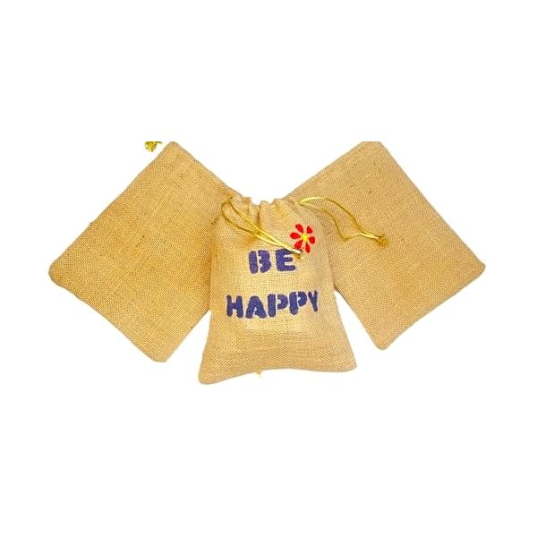 Rangarang Creations Handcrafted Be happy design jute potli bag for return gift, jute potli for women, jute linen pouches for diwali, gift bag for return gift, Jute bag, pack of 1 (23 * 18) cm - Image 6