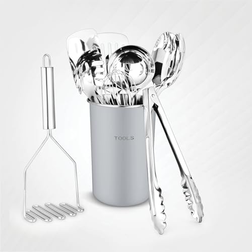 Avador® Premium Set of 10 Stainless Steel (GREY HOLDER) Kitchen Tool Set with Holder Easy To Clean, Space Saving, Great for Cooking, Baking, Prepping (GREY)